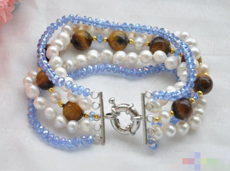 

Hot sell Noble- FREE SHIPPING>>>@@ 0729 5row 8" white freshwater pearl tiger's-eye blue faceted bracelet