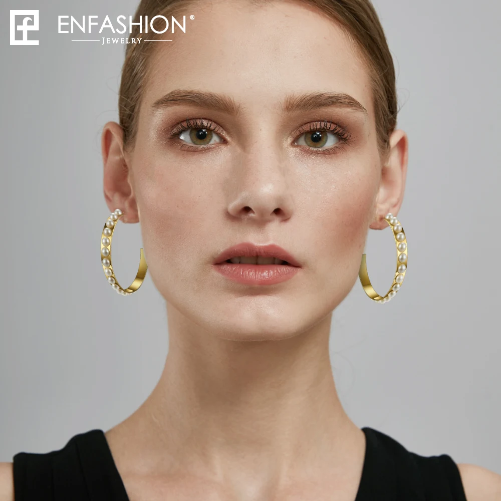 Женские серьги кольца с большим жемчугом Enfashion из нержавеющей стали круглые