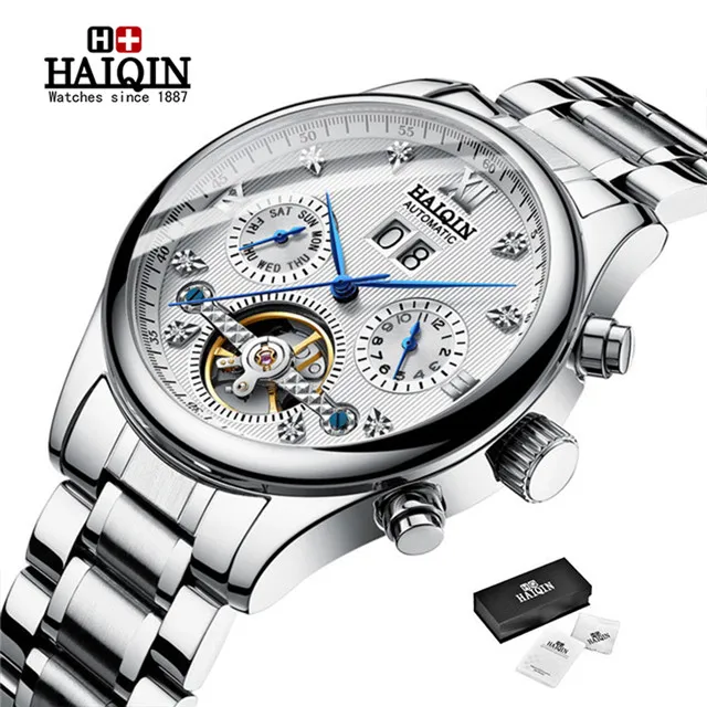HAIQIN часы для мужчин лучший бренд класса люкс Военная Униформа спортивный Tourbillon часы модные мужские часы автоматические механические Relogio Masculino - Цвет: S-silver white