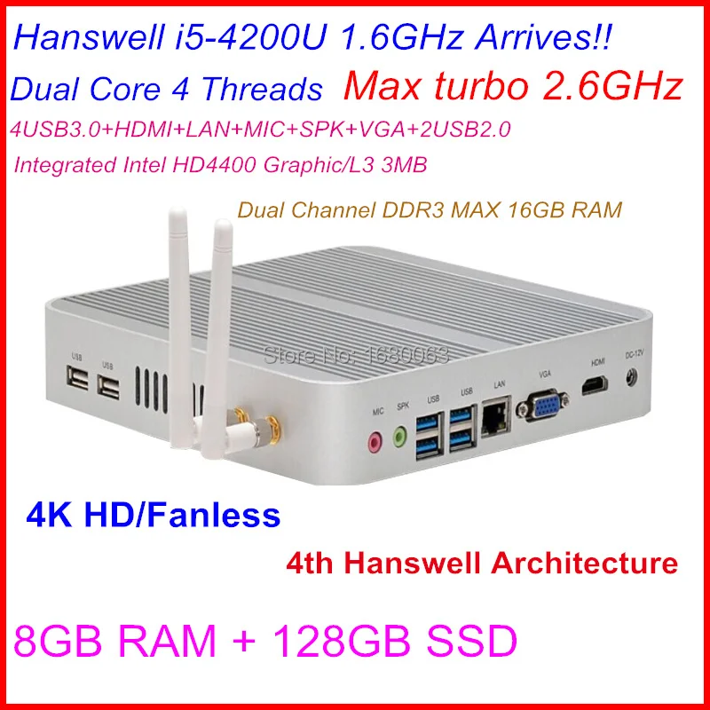 Free shipping fanless mini pc with Intel Core i5 4200U 2.6Ghz CPU 4K 1080P Haswell SOC design aluminum chassis with 8G+128G SSD