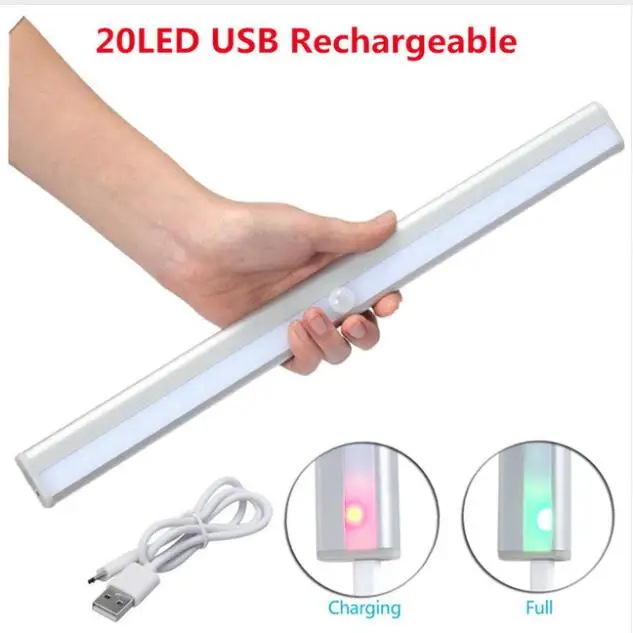 

Wireless 20 LED USB Rechargeable Night Light PIR Motion Sensor Light Under Cabinet Wardrobe Closet Kitchen Sensor Light Lamp