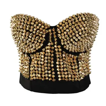 

Women Gothic Gold Silver Studded Rivet Push Up Bras Steampunk Bustier Costume For Disco Dance
