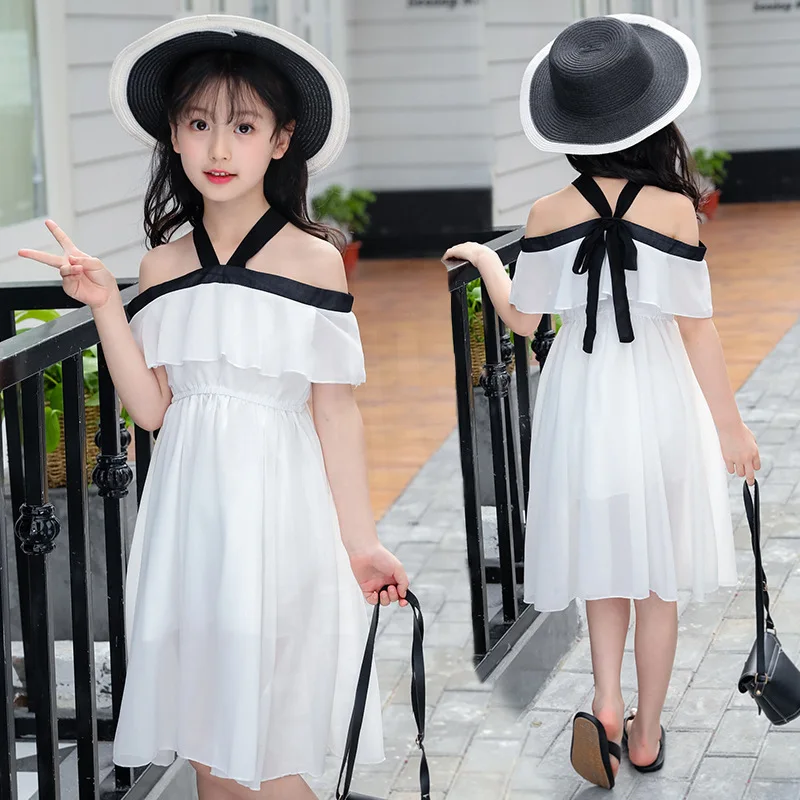 

2019 summer girls flat shoulder dress ruffled children's chiffon dress word shoulder waist princess dress girl dresses