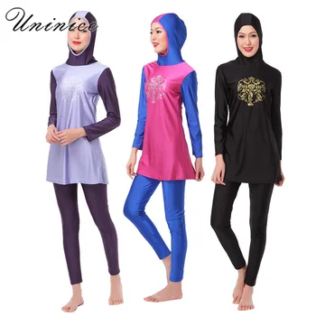 

Contrast Color Swimming Muslim Women Patchwork Islamic Swimwear Female Printed Modest Swimsuits Hooded Hijab Arabic Clothes