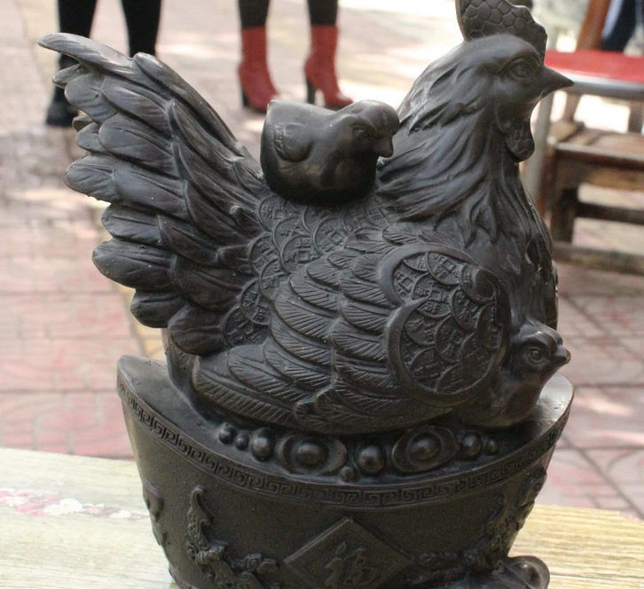

8" Old Chinese FengShui Bronze Wealth YuanBao Zodiac Cock Rooster Chicken Statue