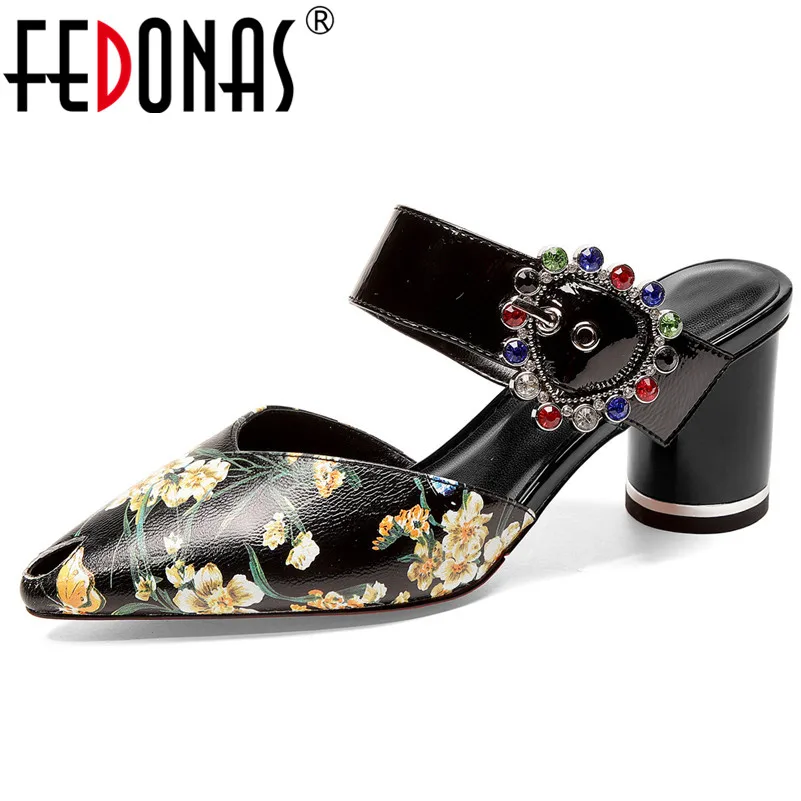 

FEDONAS Vintage Sweet Pointed Toe Round Heels Women Sandals New Buckle Slip on Print Genuine Leather Party Prom Shoes Woman