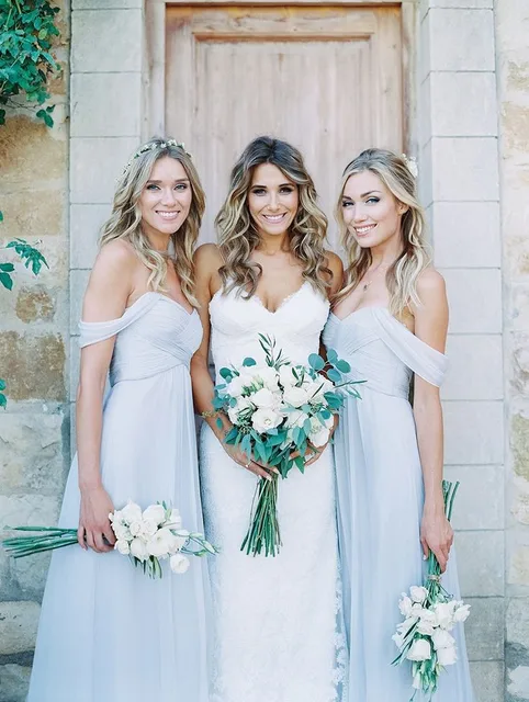 Beautiful Country Bridesmaid Dresses Off Shoulder Floor Long Beautiful Country Bridesmaid Dresses Off Shoulder Floor Long Pleats Chiffon Wedding Guest Light Blue Bridesmaids