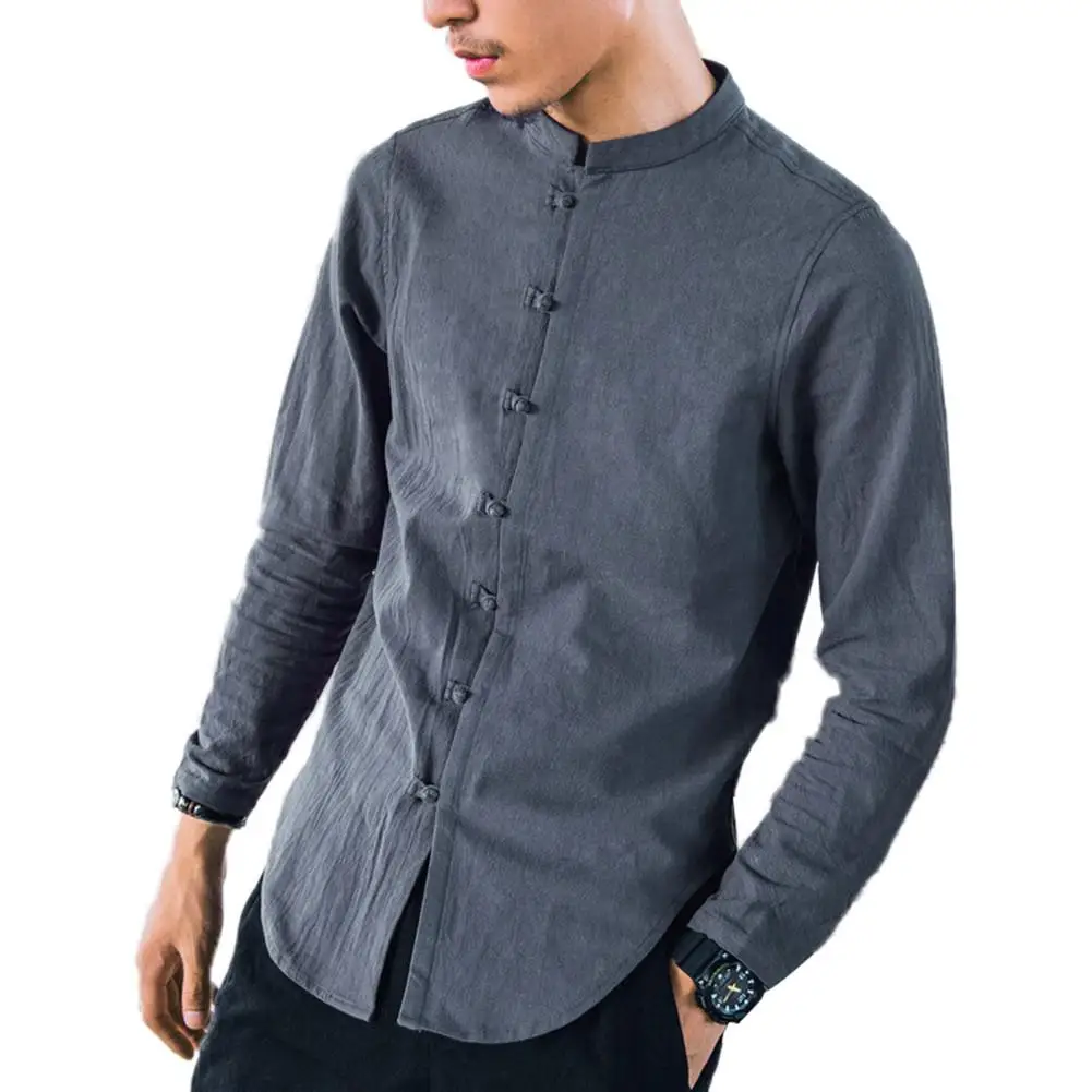 

Men Shirt Cotton Chinese Tradition Style 2019 New Arrival Male Solid Color Mandarin Collar Business Long Sleeve Casual Shirt 5XL