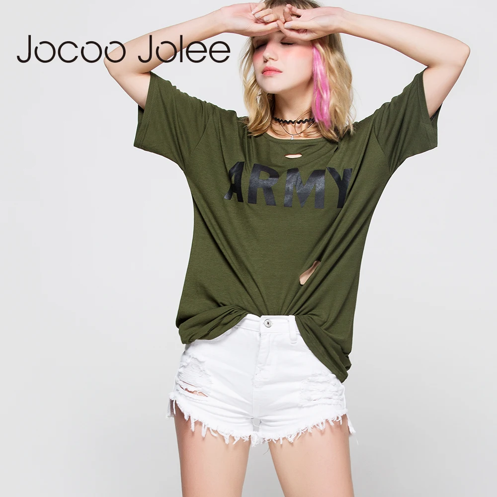 

Jocoo Jolee Solid Pierced Hole T-shirt Women Fashion Letter Short Sleeves Summer Casual Loose Brand Long Design Shirts For Lady
