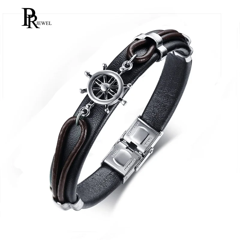 

Vintage Unisex Handmade Genuine Leather Ship's Wheel Rudder Cuff Bangle Bracelet Wristband