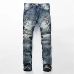 Для мужчин джинсы для женщин Роскошные джинсовые мотобрюки s облегающие прямые джинсы молния синий рваные джинсы брюки девочек 952