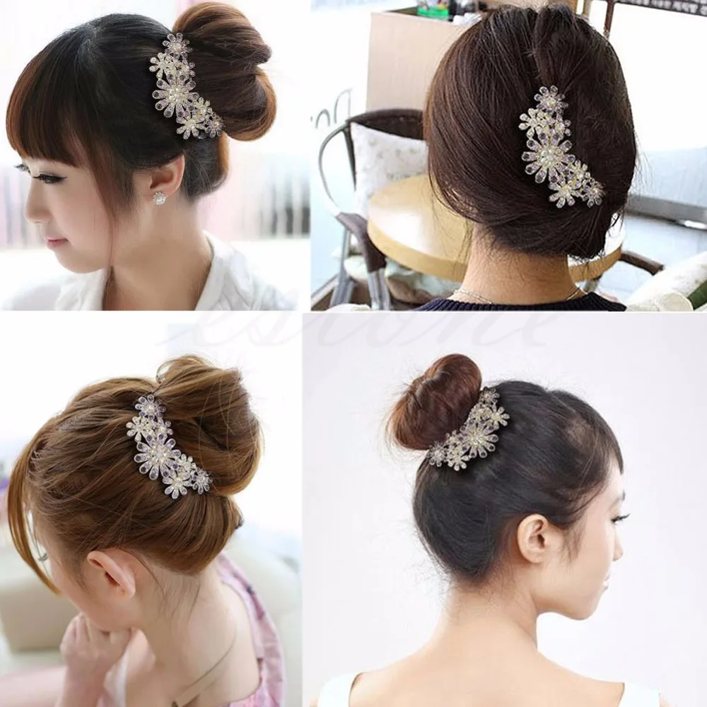 Women Crystal Rhinestone Petal Tuck Comb Flower Hair Pin Hair Clip Hairpin