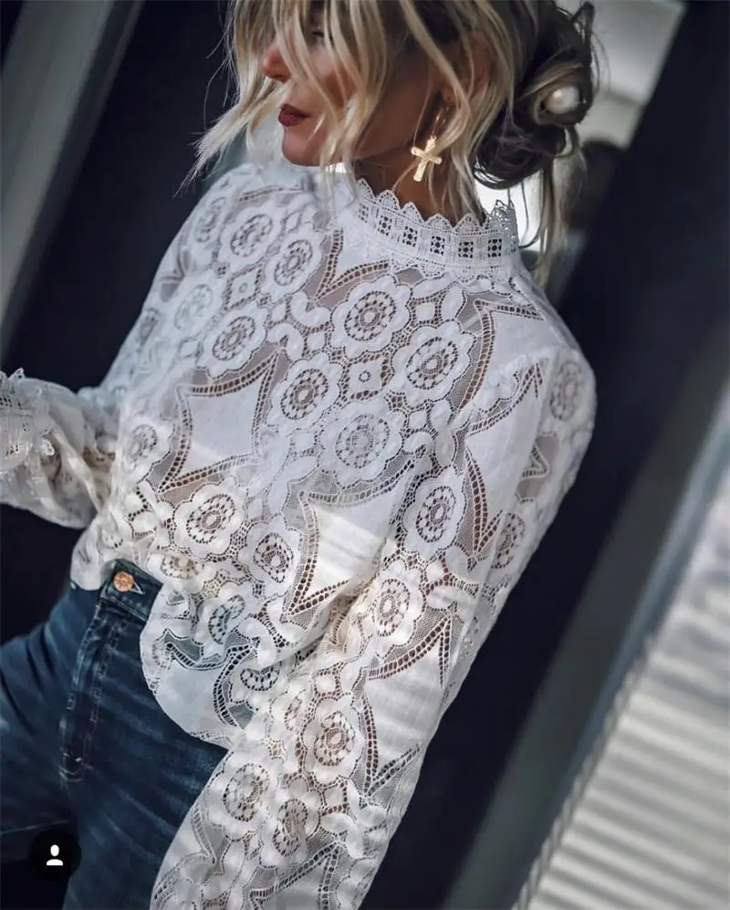 

Lace White Blouse Womens Tops And Blouses 2019 Elegant Floral Packwork Blouses Ladies Casual Shirts Lantern Sleeve Women Shirts