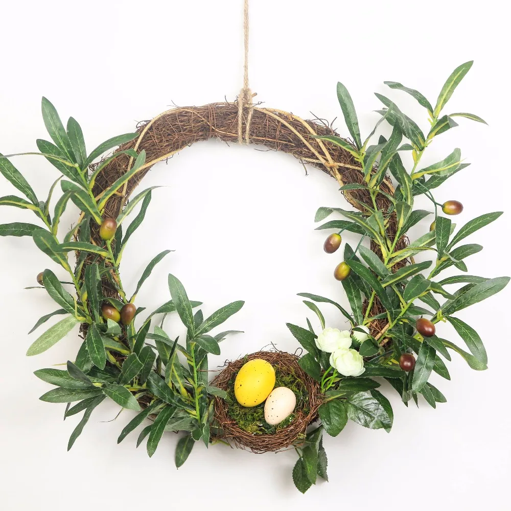 

Summer Spring Home Decors Easter Eggs Rattan Bird Nest Wreath Olives Decoration Rattan Front Door Wreath Garland Decor