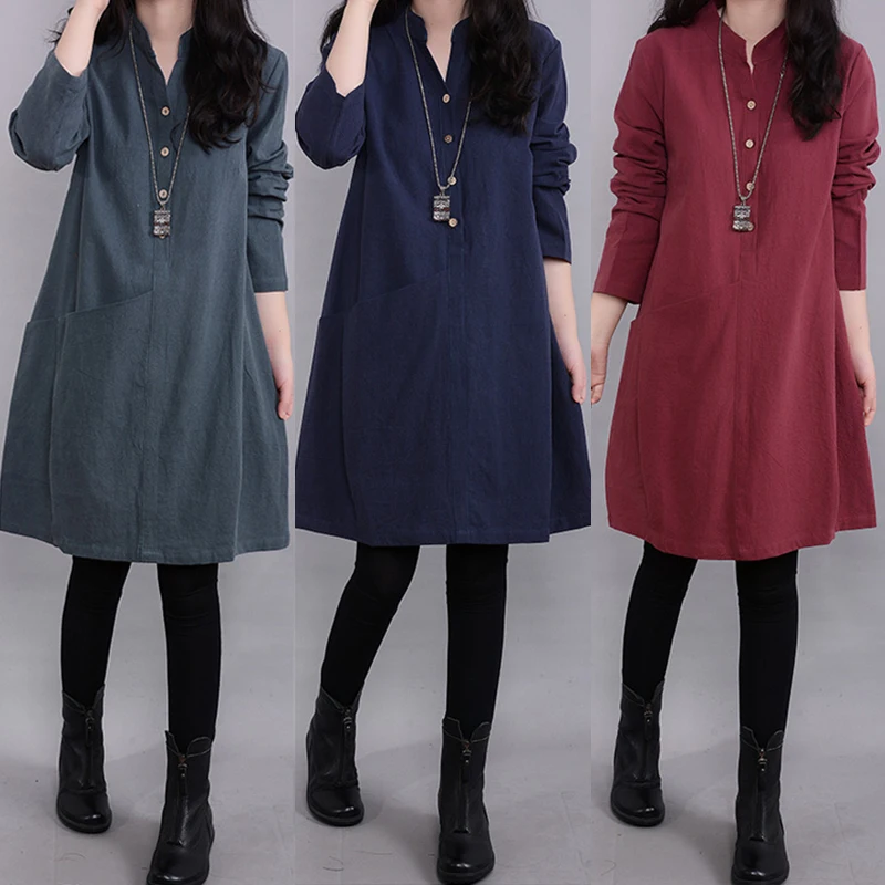 Cotton Linen Women's Long Sleeve Dress Ladies Solid Casual Loose Party Dress New
