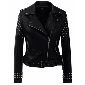 

Punk Fashion PU Leather Jacket Women Winter New 2019 Autumn Black Motorcycle Rivets Outerwear & Coats Zipper Female Biker Coat