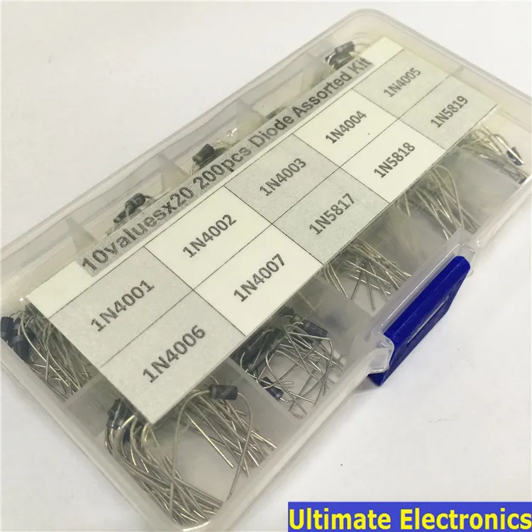 

10Values x20 200pcs Rectifier Diode Schottky Assortment Electronic kit 1N4001~1N4007 1N5817 1N5818 1N5819 With storage Box