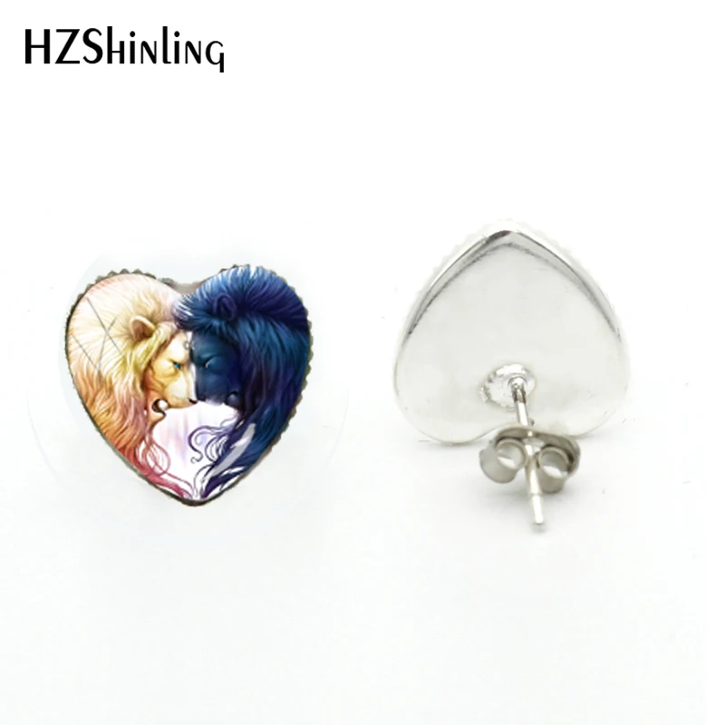 

2018 New Yin Yang Lions Heart Earring Black White Lion Earrings Silver Art Photo Jewelry Glass Dome Ear Studs For Women