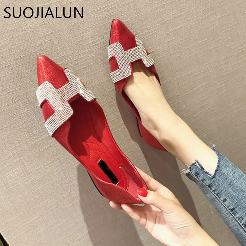 Meilleur SUOJIALUN Mode Femmes Plat Ballet Chaussures Bling Cristal Bout Pointu Appartements Chaussures Élégant Confortable Lady Brillant Chaussures