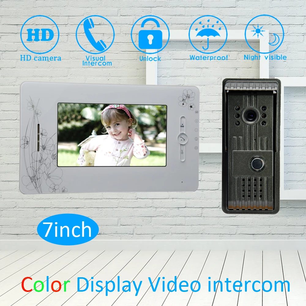 

(1 Set) one to one wire video door phone 7" LCD Screen Waterproof Outdoor unit with HD Camera Night version Calling System