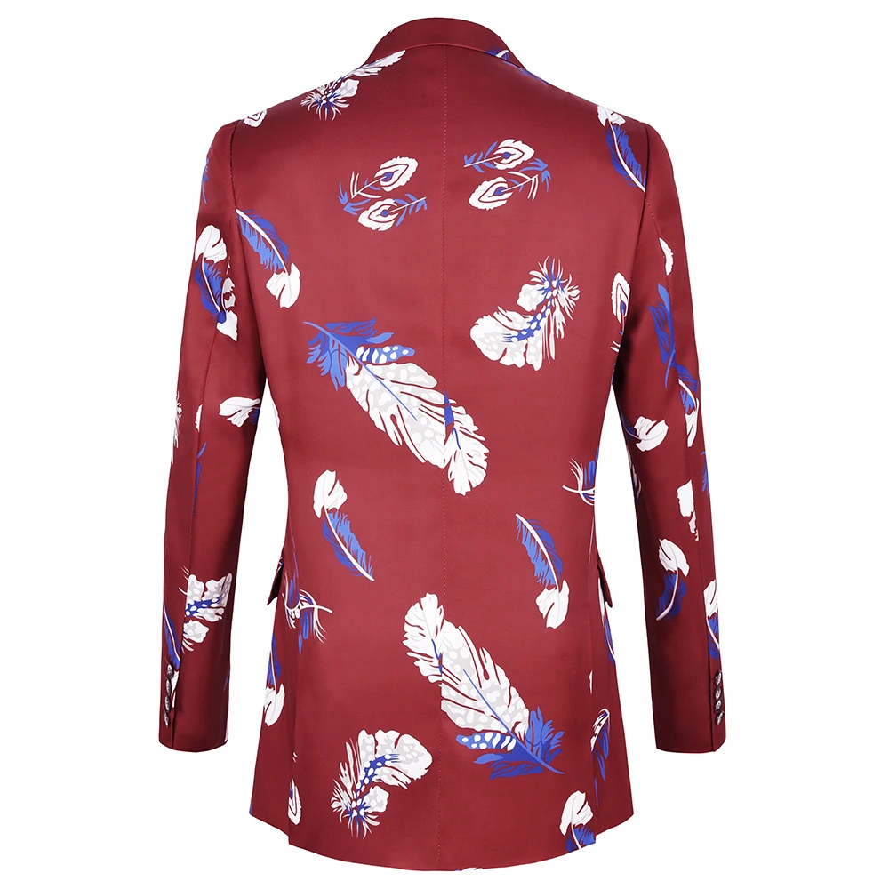 PAULKONTE Feather Print Mostly Male Blazer Fashion High Quality Tuindown Collar Slim Fit Business Party Wedding Man's Jacket