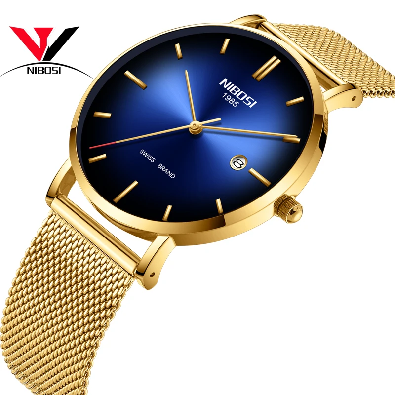 

Nibosi Men Watches Ultra Thin Date Simple Stainless Steel Gold Blue Quartz Sport Watch Men Chronograph Men's Wrist Watch Clock