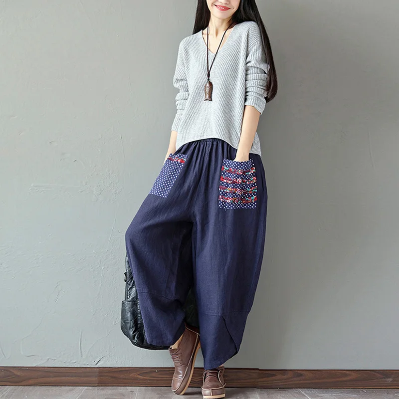 Wide Leg Harem Pants Trousers 2020 Chinese Style Women Ethnic Vintage Patchwork Elastic Waist  Loose Long Yoga Pants