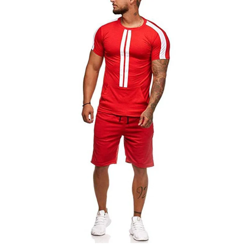 Summer Men's Sets T Shirts+Shorts Two Pieces Sets Casual Striped patchwork Tracksuit 2019 Plus size Gyms Fitness Sportwear set