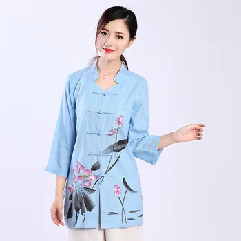 

Blue Plus Size XXXL Chinese Women Cotton Linen Shirt Vintage Print Flowers Blouse Spring Autumn Long Style Tang Suit Top 2620