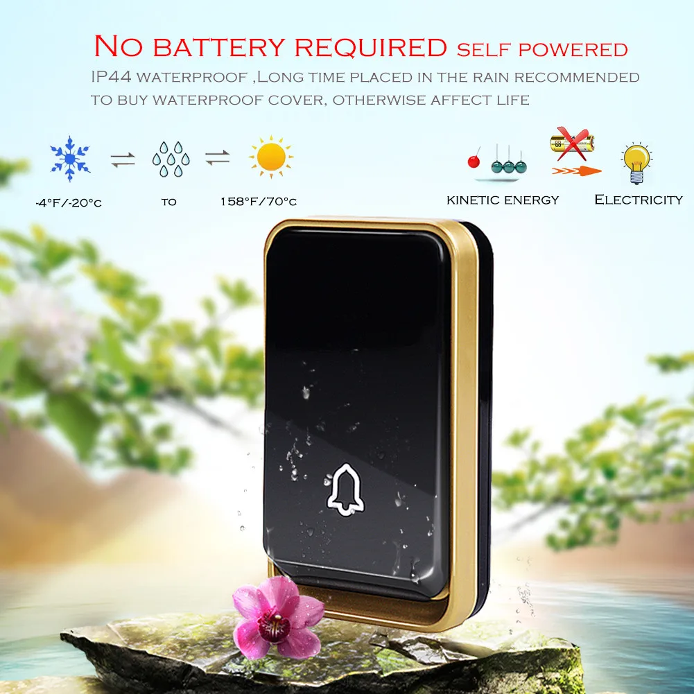 YIFAN self powered Wireless Doorbell NO battery EU US AU Plug HOME Door Bell Waterproof cover 150M range 1 button 1 receiver YIFAN self powered Wireless Doorbell NO battery EU US AU Plug HOME Door Bell Waterproof cover 150M range 1 button 1 receiver