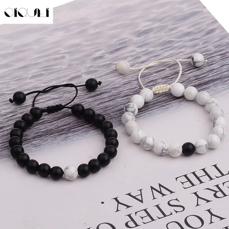 OIQUEI New 2Pcs/Set Imperial Natural Stone Matte Adjustable Bracelet For Women Men Stainless Hand Woven Couple Bracelets Gift
