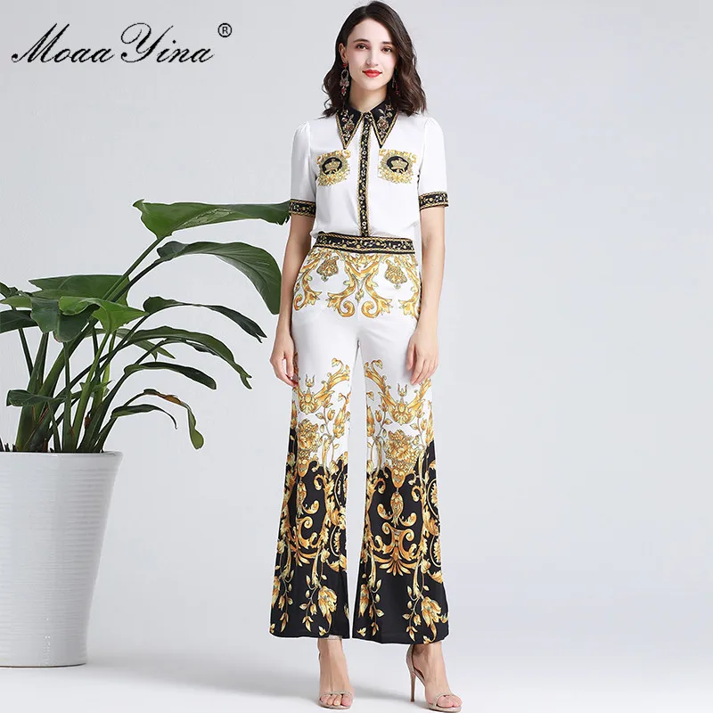 

MoaaYina Fashion Designer Set Spring Women Short sleeve Crystal Beading Shirt Tops+Floral-Print Wide leg pants Two-piece suit