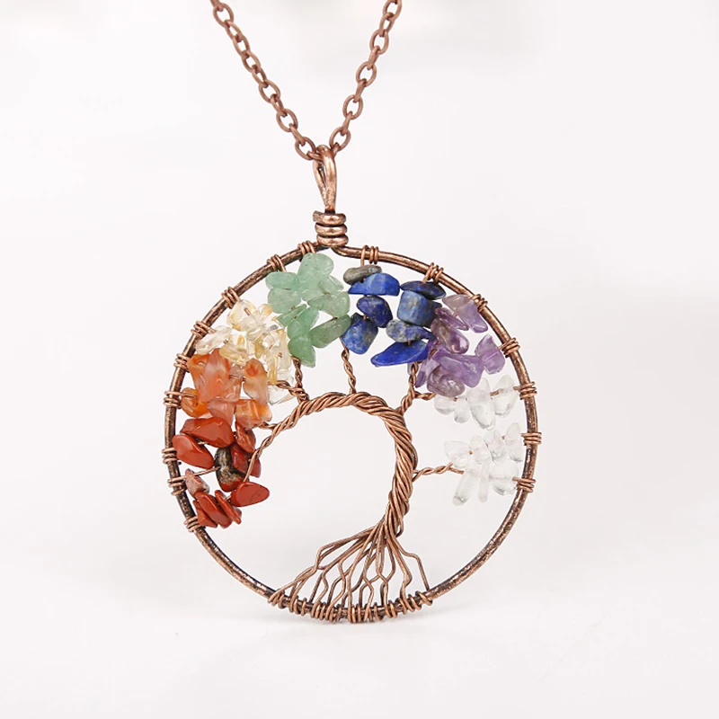 

7 Chakra Tree Of Life Pendant Necklace Copper Crystal Natural Stone Necklace Quartz Stones Pendants Women Yoga Player Jewelry