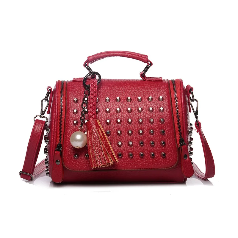 

Ougger Small Women Messenger Bags Fashion Style Red PU Pillow Bag with Rivet for Evening Party