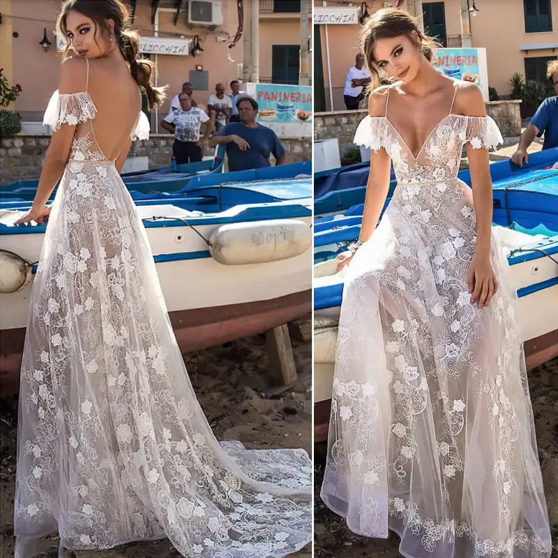 Smileven Vestido De Novia Para Playa Con Tirantes Finos 2019 Vestido De Novia Con Espalda Descubierta De Encaje Sexy Escote En V Apliques De Encaje Bohemio Vestido De Novia Largo Aliexpress