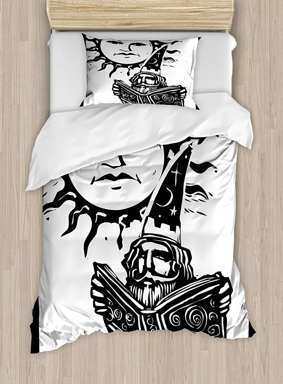 

Fantasy Duvet Cover Set Wizard Reading Magic Book beneath the Sun with Face Sacred Spiritual Legend Image 4 Piece Bedding Set