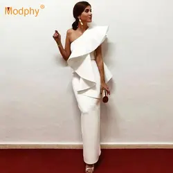 2019 летнее Новое Женское знаменитое подиумное Праздничное Платье vestidos сексуальное без рукавов с рюшами белое платье на одно плечо макси