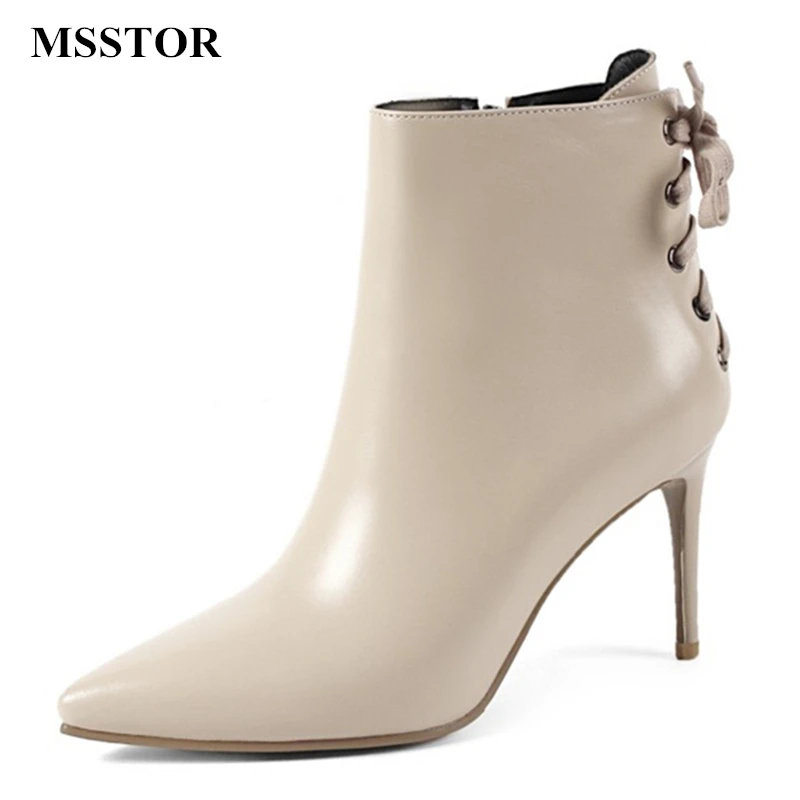 

MSSTOR Pointed Toe Fashion Lace Up Boots Plush Black Autumn Party Thin Heels Women Boots Winter Genuine Leather Ankle Boots