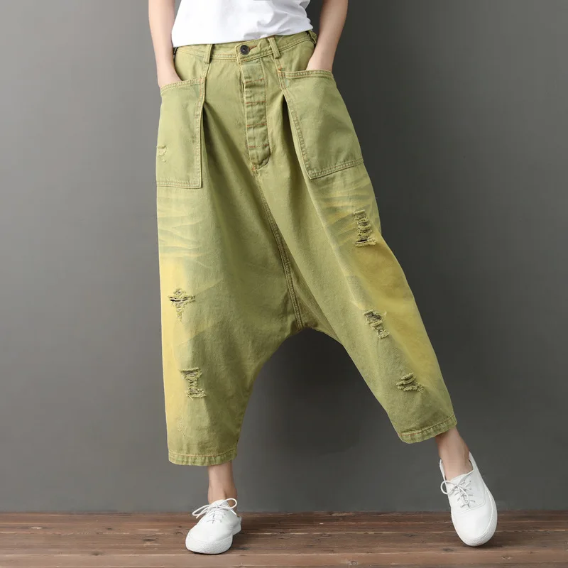 

Baggy Harem Jeans Women Japanese Ripped Hole Denim Pants Wide Leg Drop Crotch Cross-pants Hip Hop Streetwear Boyfriend Bloomers