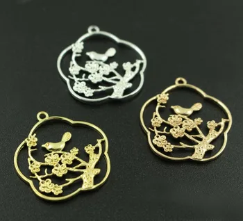 

Vintage Bird on Branch Plum Flowers Charms Pendants Brass Metal Tree Leaf Connectors Findings DIY Jewelry Making