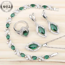 Свадебные серебряные 925 Ювелирные наборы для женщин, зеленые циркониевые браслеты, ожерелье, кольца, серьги с камнями, подарочная коробка