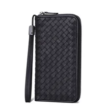 European leather woven wallet for men and women long, multi card mobile phone full leather zipper check clip hand bag
