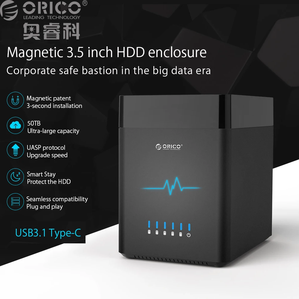 

ORICO Tool Free 5-Bay USB3.1 Type-C 3.5" HDD Enclosure Support UASP 50TB with 12V 6.5A Power Adapter Support Intelligent Sleep