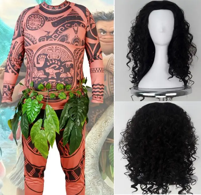 Мауи Косплей костюмы топ брюки кудрявый парик игрушка Блестящий вокальный крючок Хэллоуин Cos Моана Carnaval Disguisement детский подарок на день рождения - Цвет: wigoutfitset