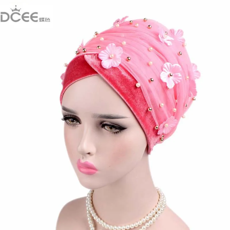 

New velvet headscarf Muslim long tail cap African head scarf hat flower hijab