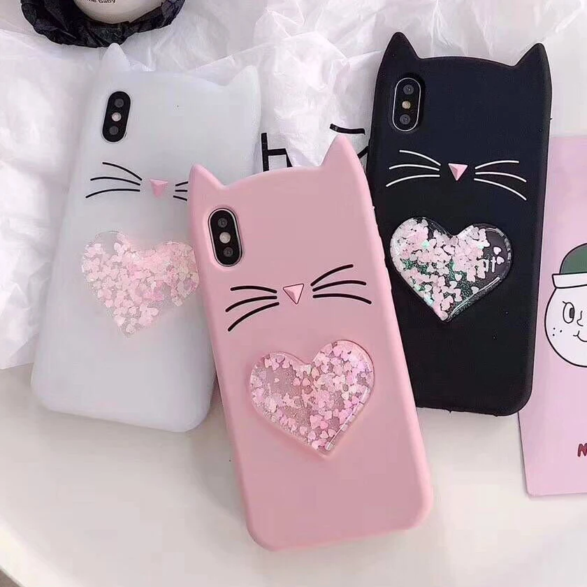 

6 6S Plus Phone Case For iPhone X Case Silicon 3D Lovely Cartoon Heart Quicksand Cat Phone Cover For iPhone 7 8 Plus Case