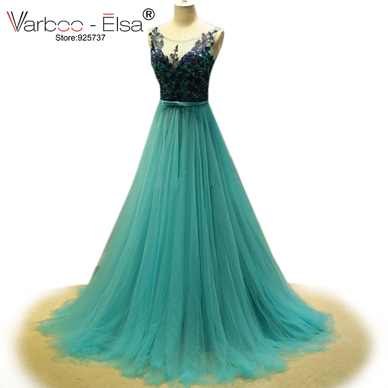 

robe de soiree longue 2018 emerald green evening dresses see through cap sleeve applique Tulle prom dresses women formal dresses