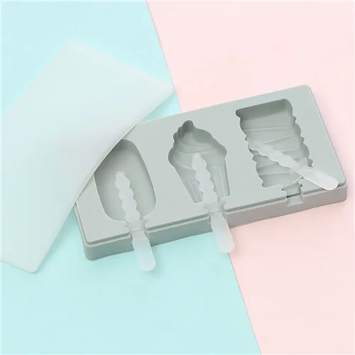 Gray 3 Covered Cartoon 3 Piece Ice Cream Ice Cube Mold Kitchen 2 Colors Multi-type Silicone Homemade Manual Diy Ice Cream Mold Home - Color: Gray 3