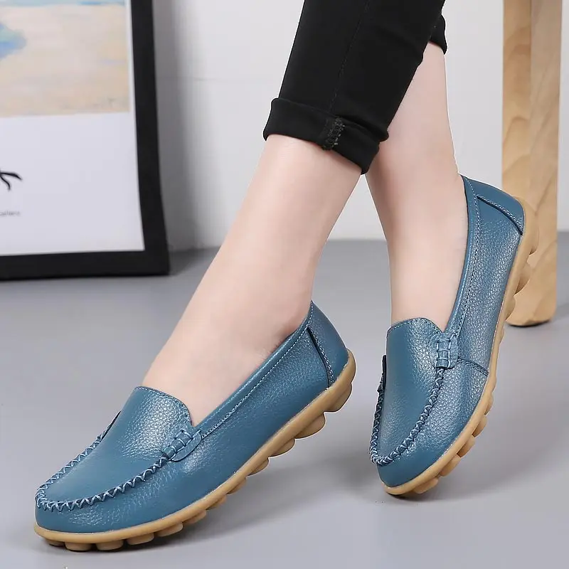 

Women shoes new genuine leather flat shoes woman fashion casual loafers slip-on round toe solid female shoes plus size 35-44