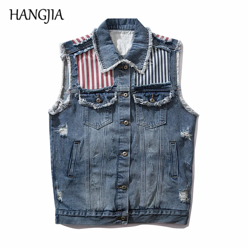 

Blue Sleeveless Denim Jackets Men Hip Hop Hole Patch Vest Summer Fashionable Stripe Splice Jackets Male 2019